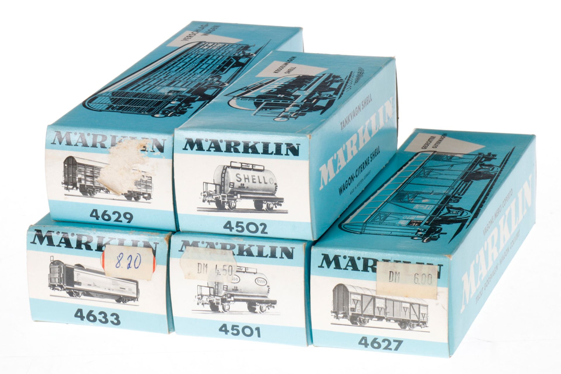 5 Märklin Wagen 4501, 4502, 4627, 4629 und 4633, S H0, Gebrauchsspuren, je im OK, Z 2-3