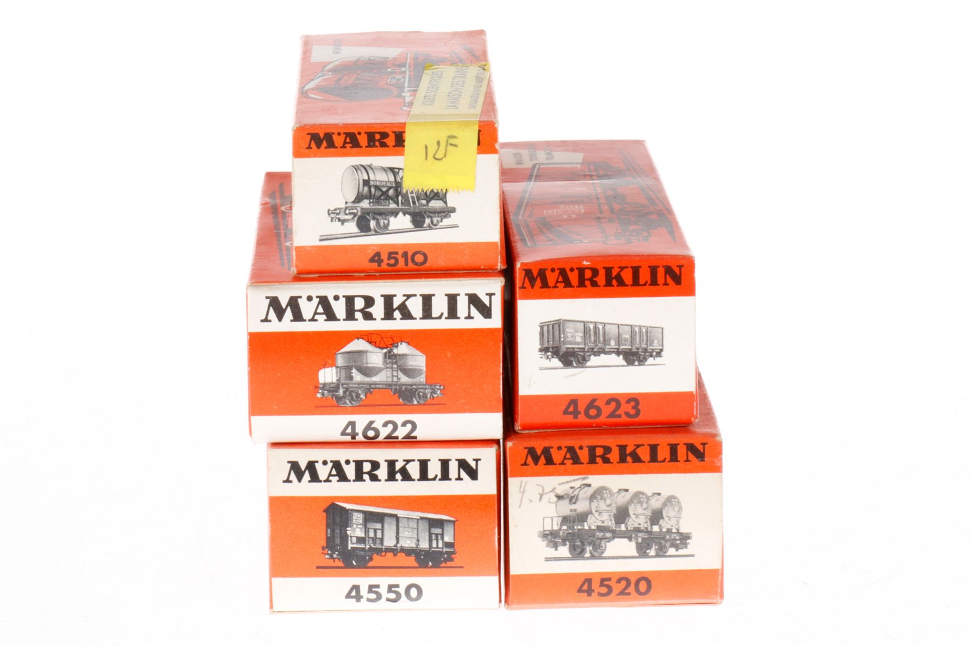 5 Märklin Wagen 4510, 4520, 4550, 4622 und 4623, S H0, Gebrauchsspuren, je im OK, Z 3