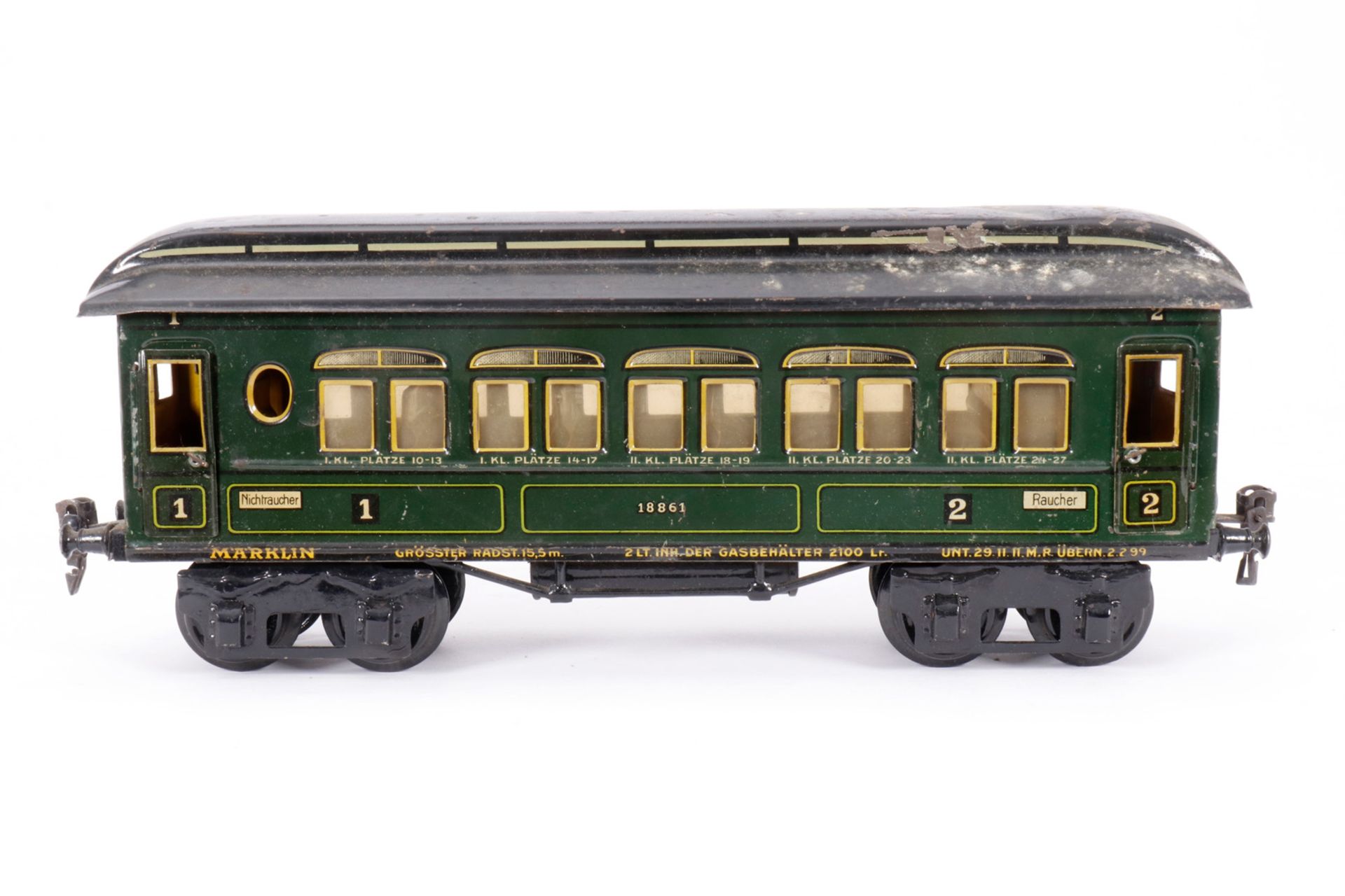 Märklin Personenwagen 1888, S 1, CL, mit Inneneinrichtung und 4 AT, LS und gealterter Lack, L 33,