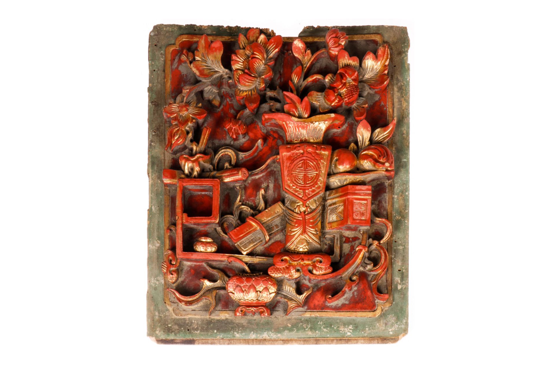 Chinesische Schrankfüllung, reich geschnitzt und vergoldet, 23 x 29