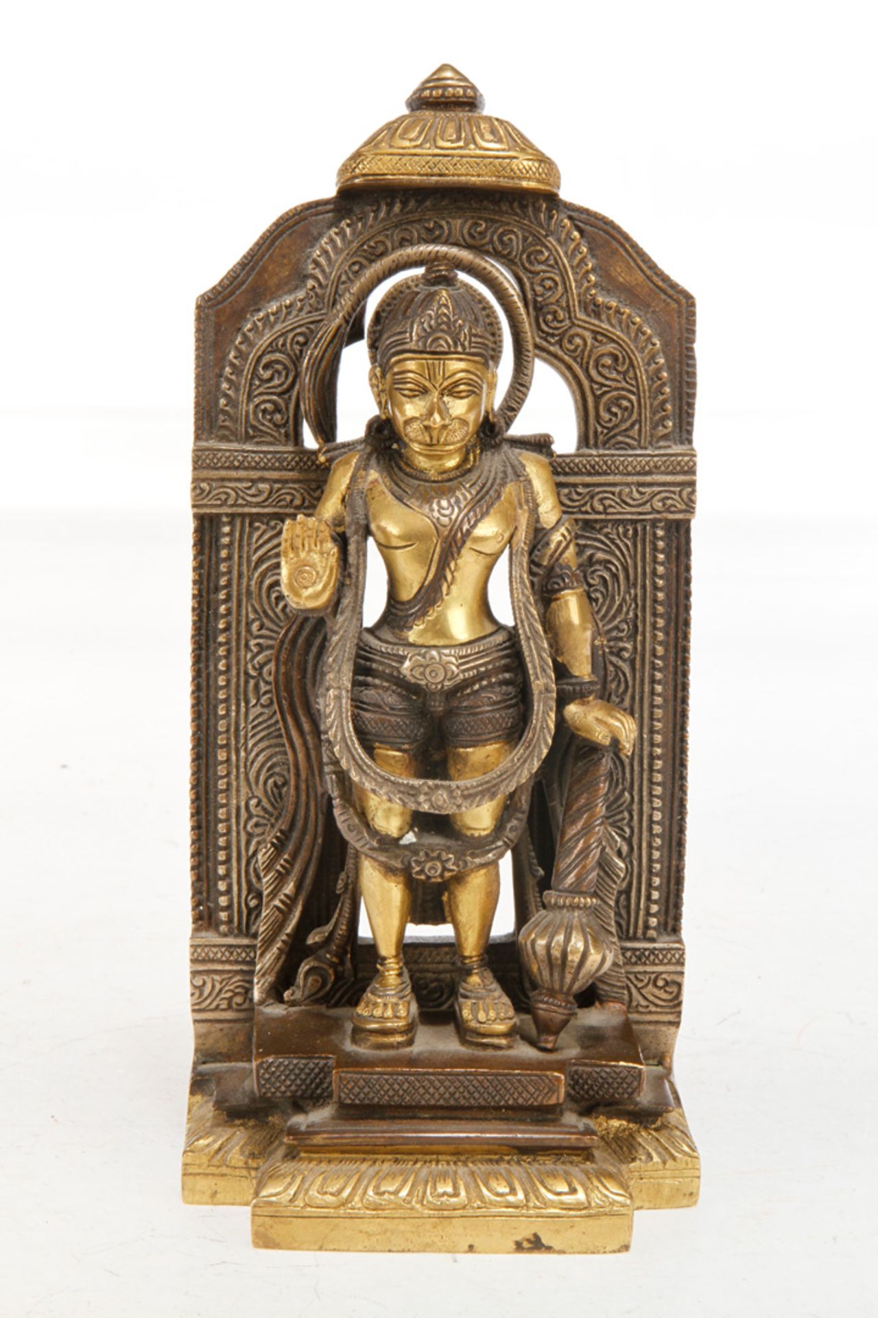 Bronzealtar mit indischer Gottheit Hanuman, patiniert und vergoldet, Sohn von Shiva, beliebte Gotthe - Bild 2 aus 8