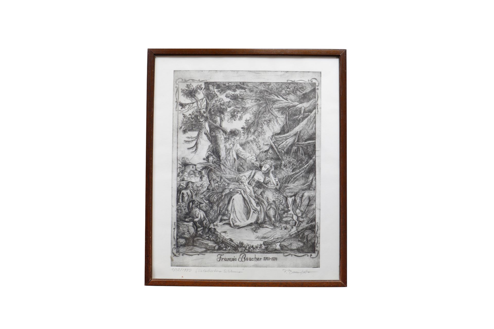 Abdruck einer alten Radierung, Francois Boucher 1703-1770, Titel "Unterbrochener Schlummer", 1/30/19