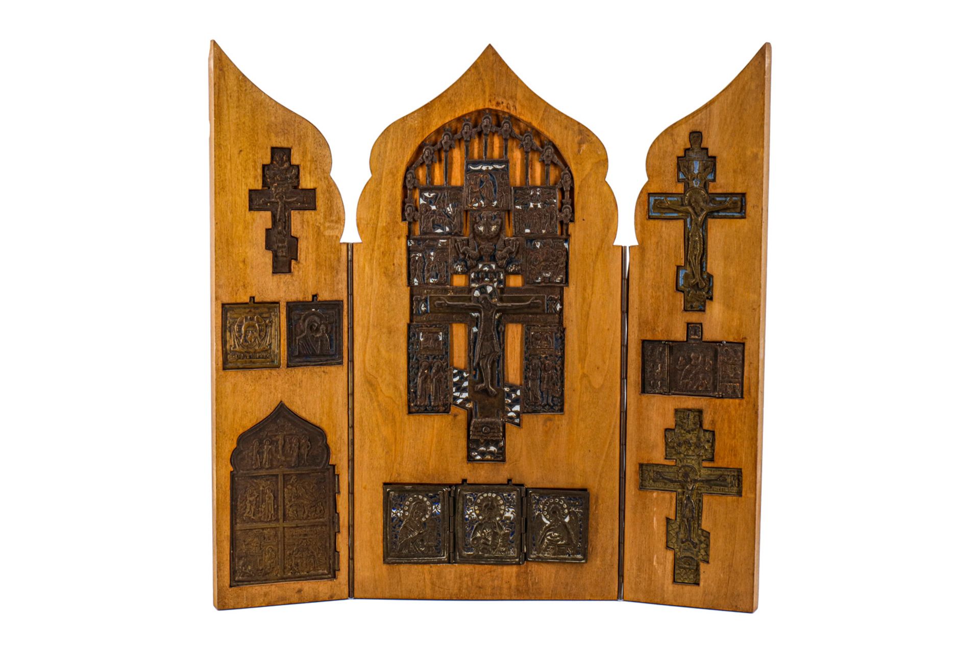 Triptychon, Holz, zur Aufnahme von verschiedenen russischen Kleinaltären und Kruzifixen, Bronze,