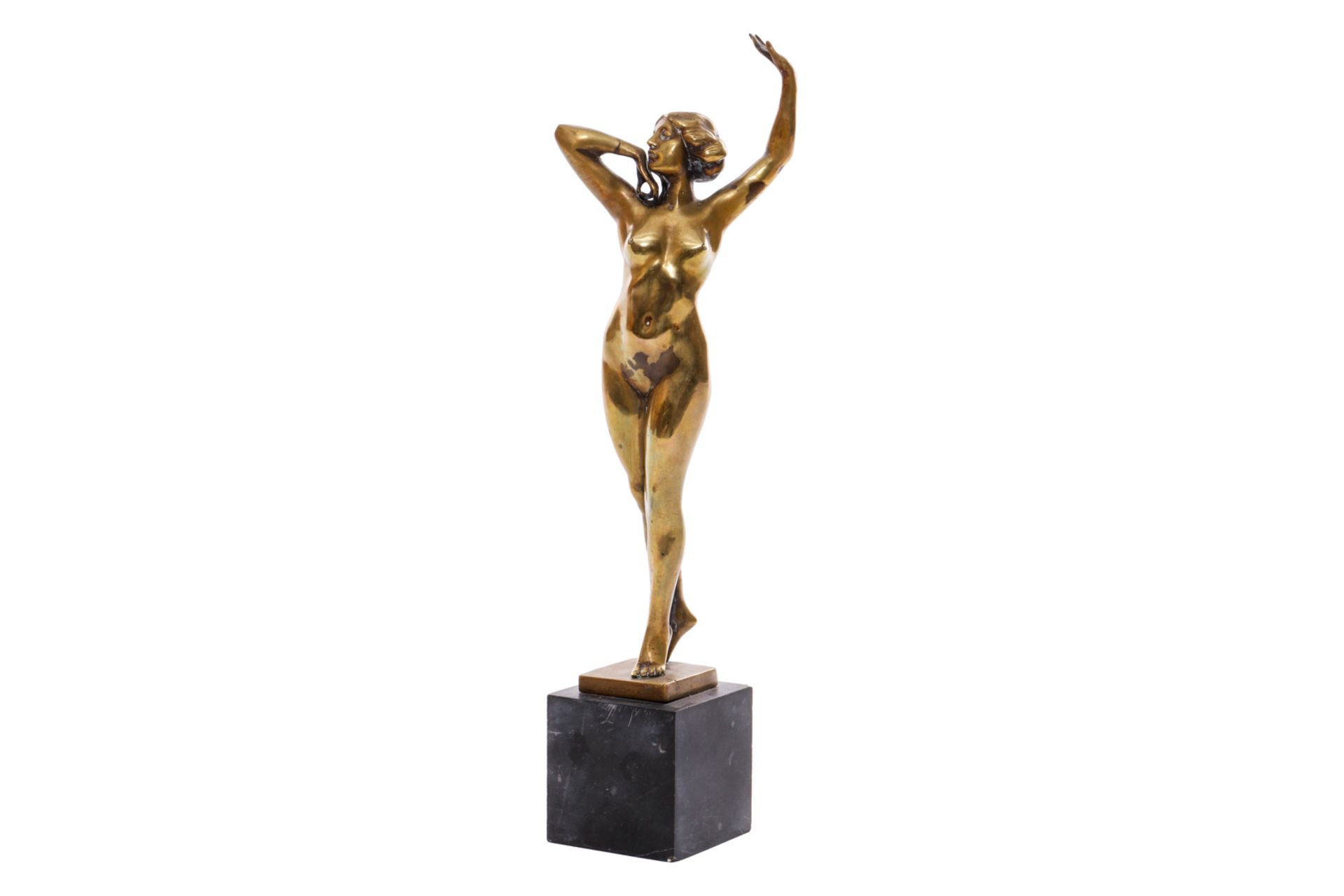 Bronzefigur Mädchenakt, um 1900, auf Marmorsockel, signiert: "Peleschka", H mit Sockel 41