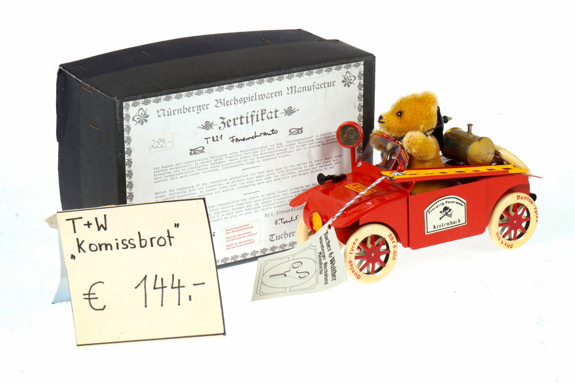 Tucher &amp; Walther Feuerwehrauto Komissbrot mit Teddy, intakt, L 18, im OK, neu, L 18