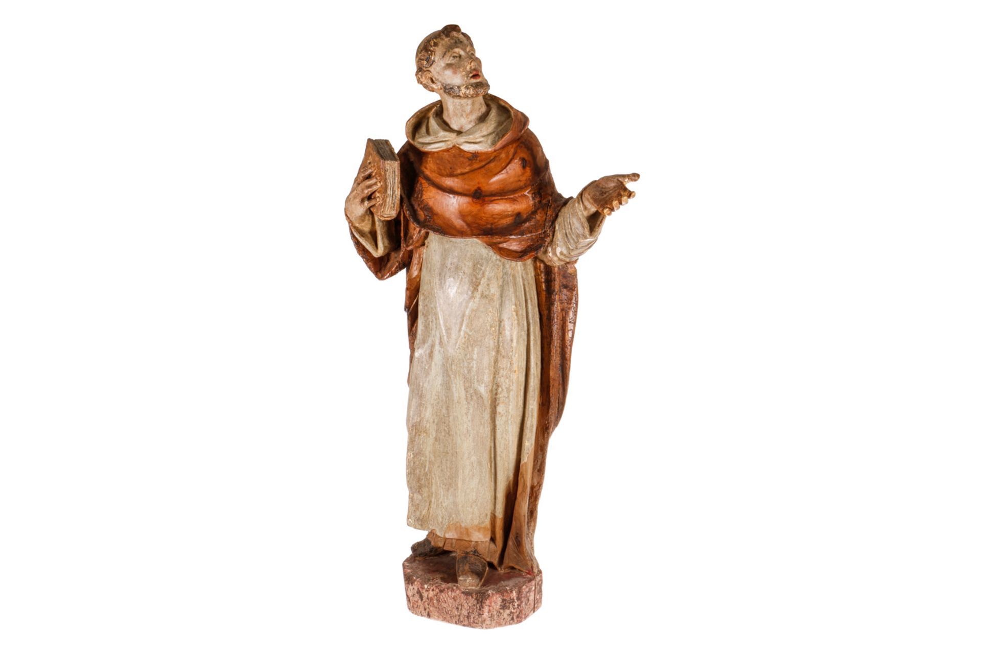 Heiligenfigur San Giuseppe mit Buch, Holz geschnitzt, um 1800, Fassung nicht vollständig und tw rest
