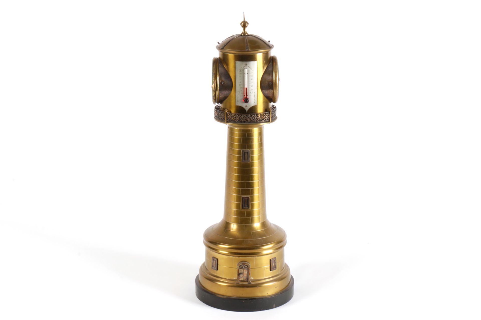 Leuchtturmuhr, um 1900, Messing, Oberteil drehbar mit Uhr (nur Gehwerk), zwei Thermometern und ein
