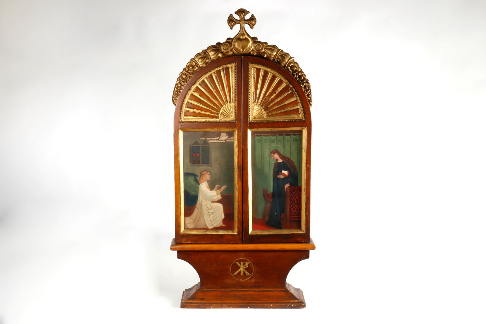 Hausaltar um 1900, zum Aufklappen, mit verglasten Farbdrucken, Mittelmotiv Maria mit Kind, - Image 2 of 2