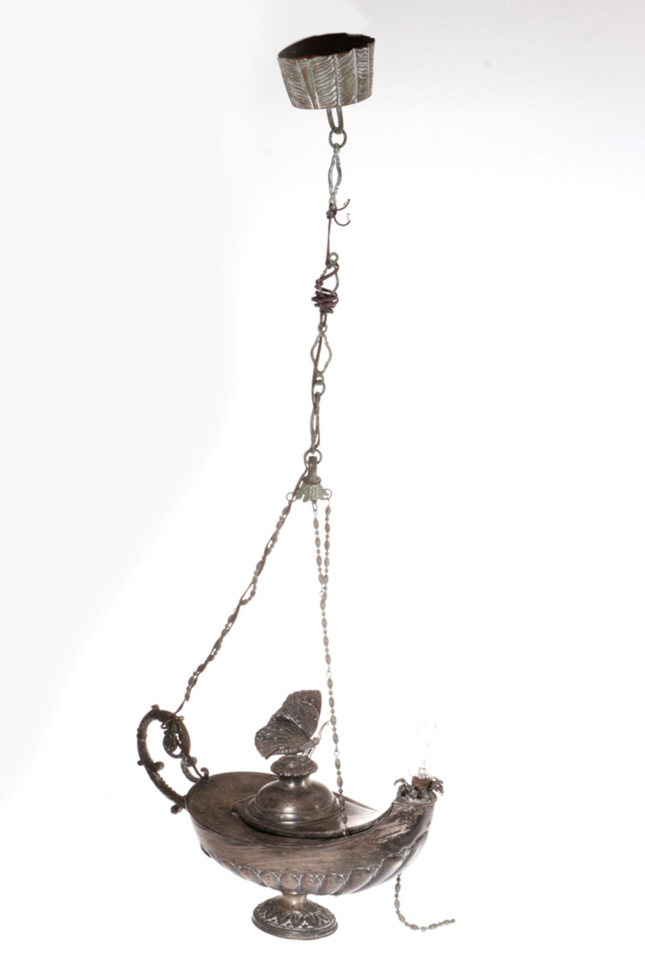 Öllampe, Guss, versilbert, 19. Jahrhundert, später elektrifiziert, Alterungsspuren, L 40 - Bild 2 aus 2