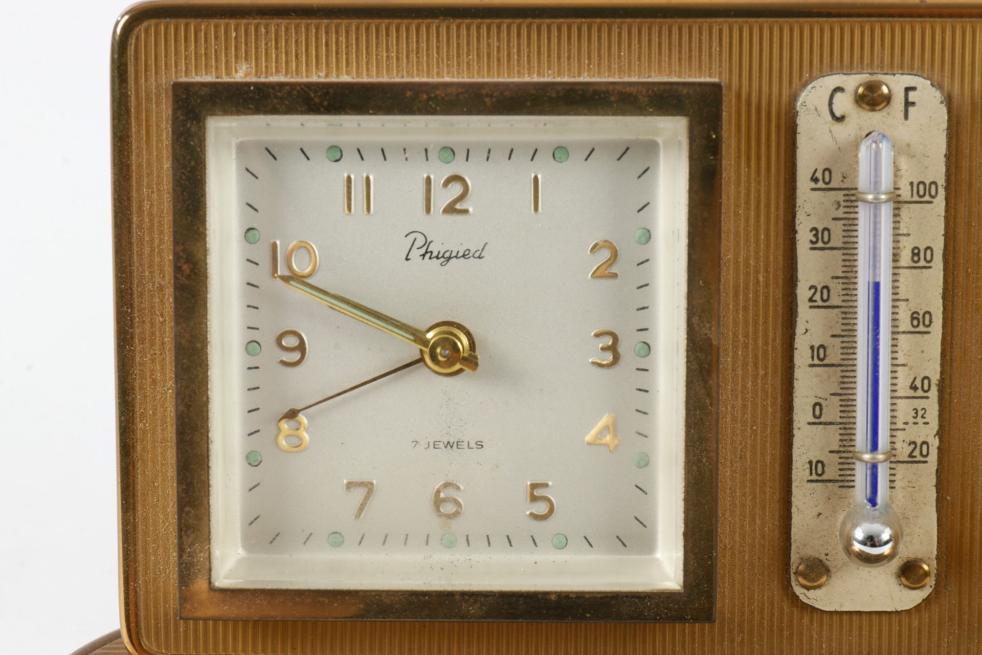 Schreibtischuhr Phigied, 7 Jewels, mit Alarm, Thermometer und Barometer, Messing, 60er Jahre, Leucht - Bild 4 aus 4