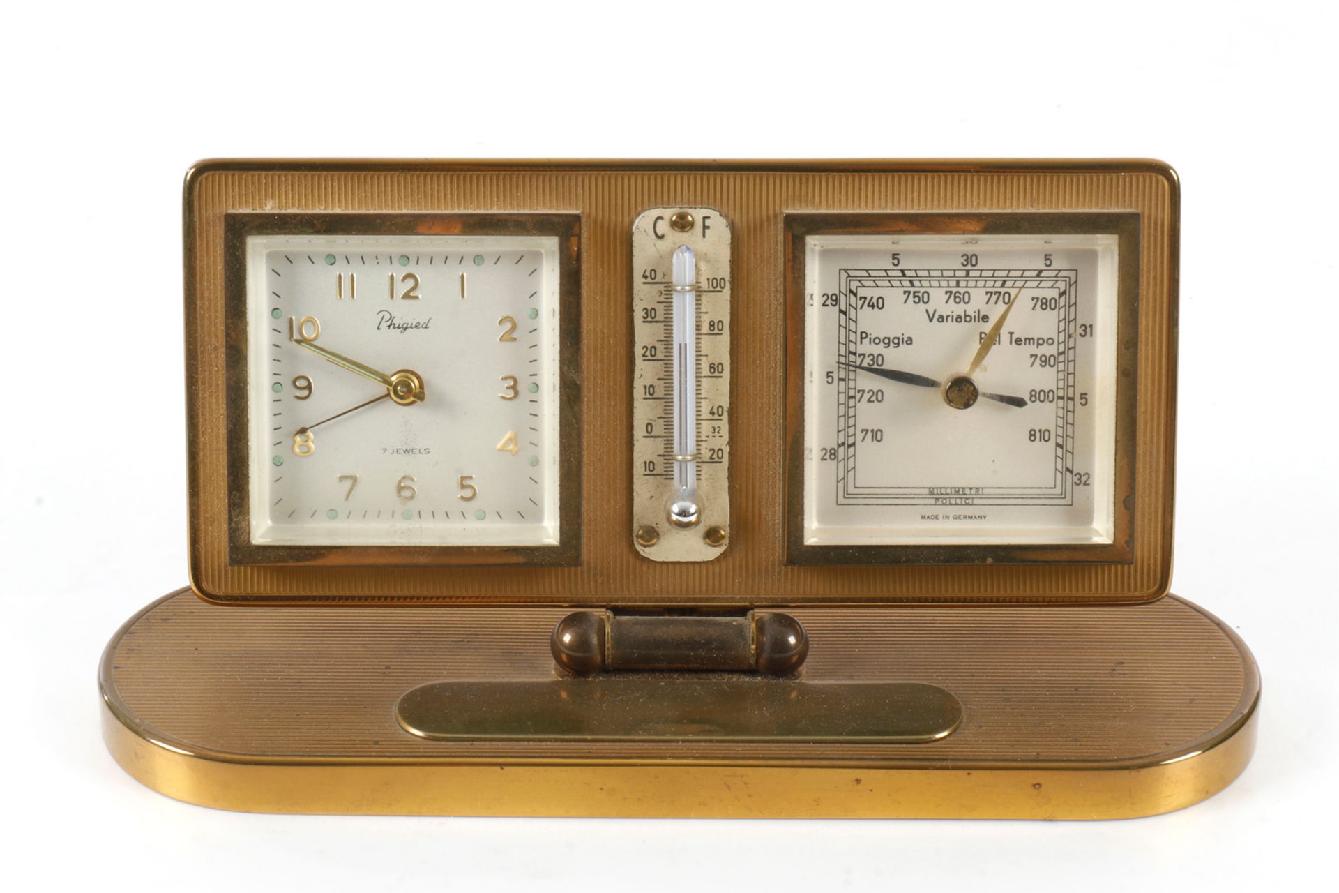 Schreibtischuhr Phigied, 7 Jewels, mit Alarm, Thermometer und Barometer, Messing, 60er Jahre, Leucht