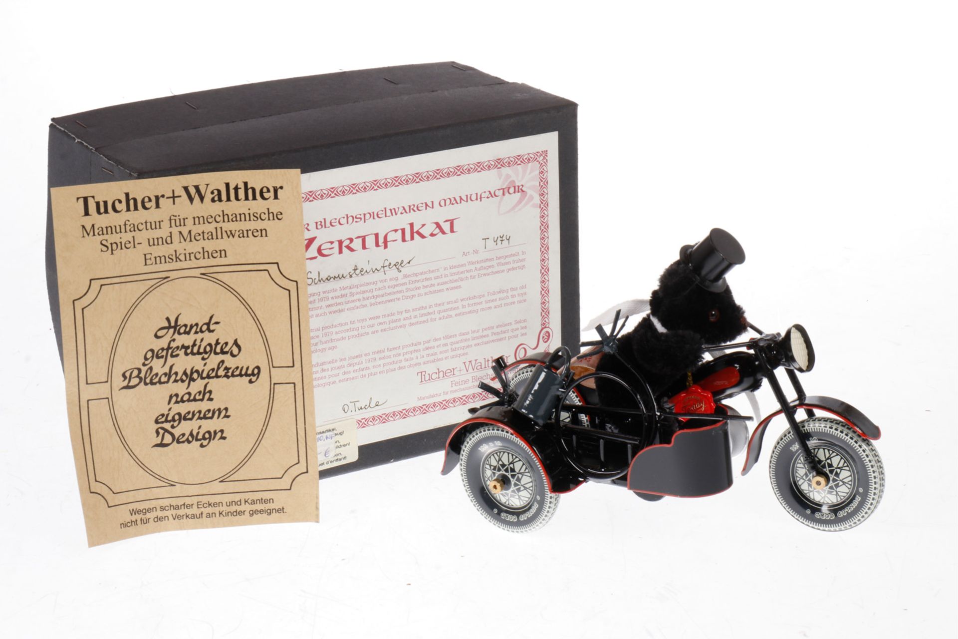 Tucher &amp; Walther Teddy auf Motorrad mit Beiwagen als Schornsteinfeger Nr. 474, L 20, OK, neu