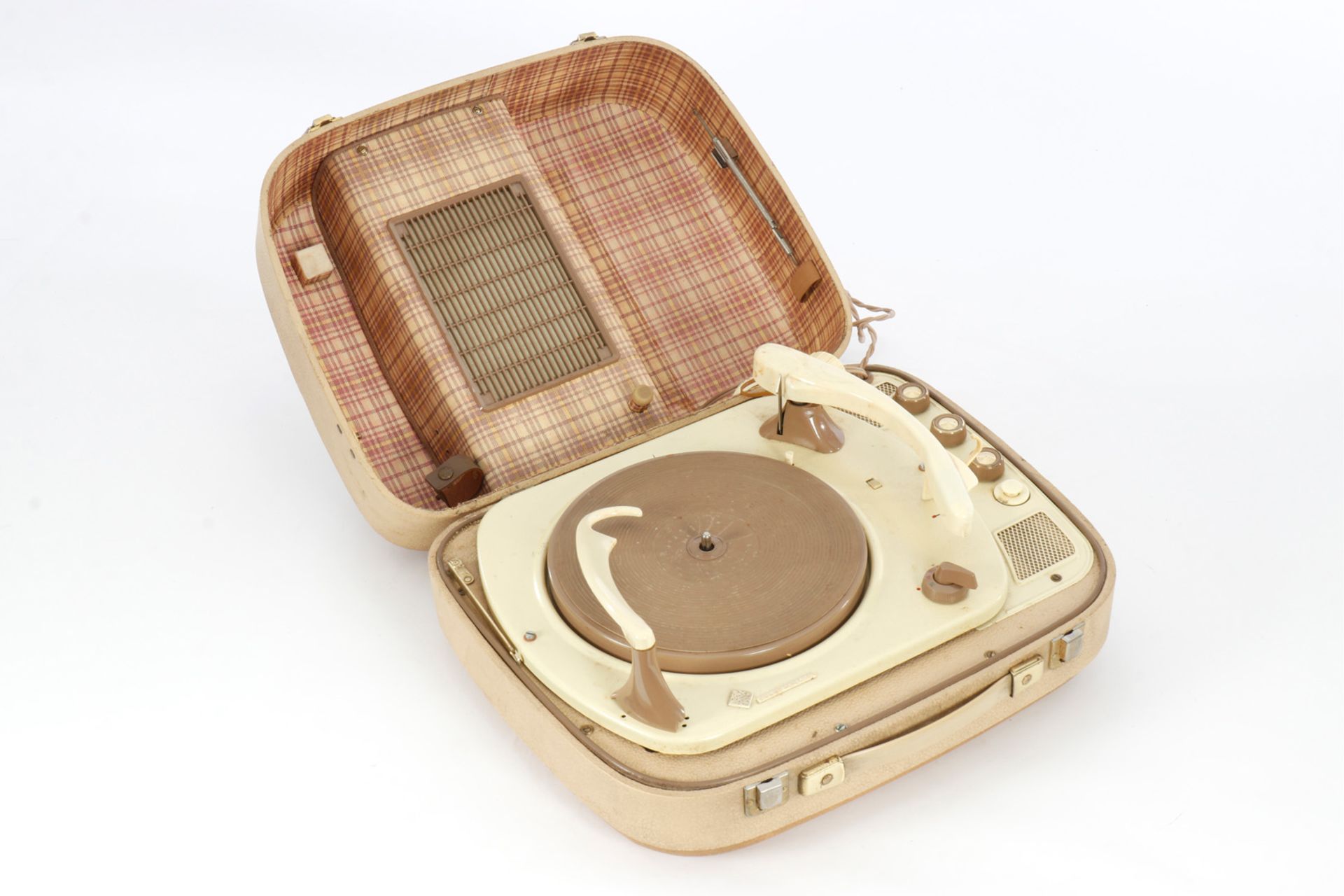Telefunken Plattenspieler mit Plattenwechsler, im Koffer, 60er Jahre, Lautsprecherabdeckung defekt, 