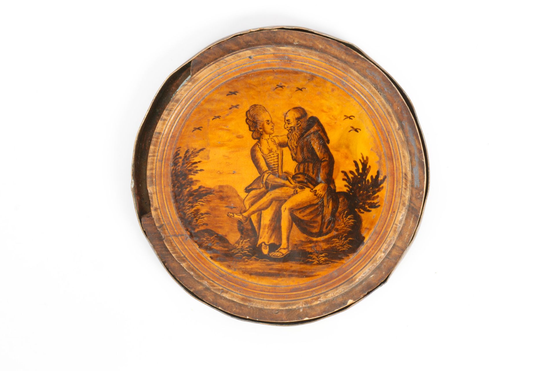 Alter Holzdeckel in Metallmontierung, auf Innenseite mit erotischer Szene, Durchmesser 8 - Bild 2 aus 2