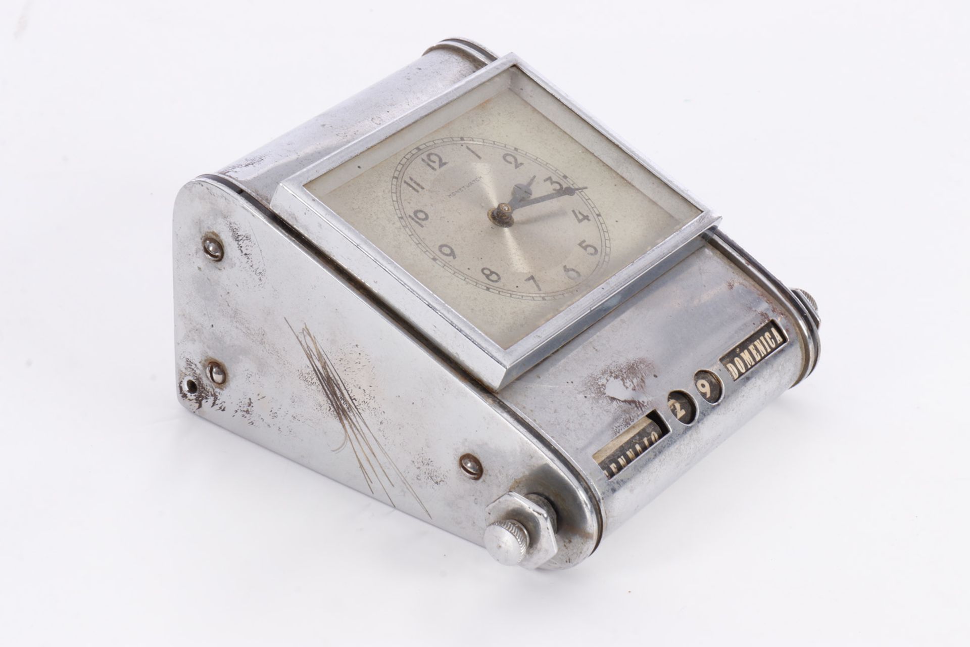 Schreibtischuhr Monet Watch, verchromt, mit Drehkalender, Gebrauchsspuren, Werk muss überholt - Image 4 of 4