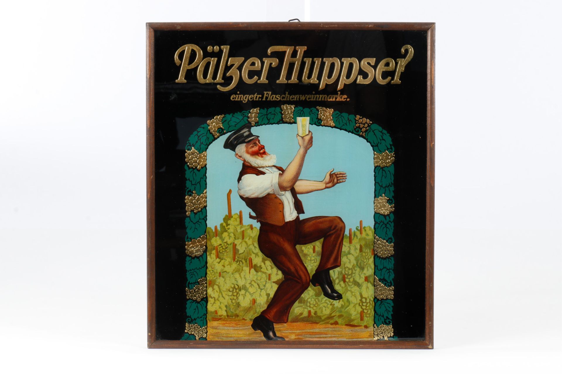 Glaswerbeschild ”Pfälzer Huppser” um 1910, Maße 29x33