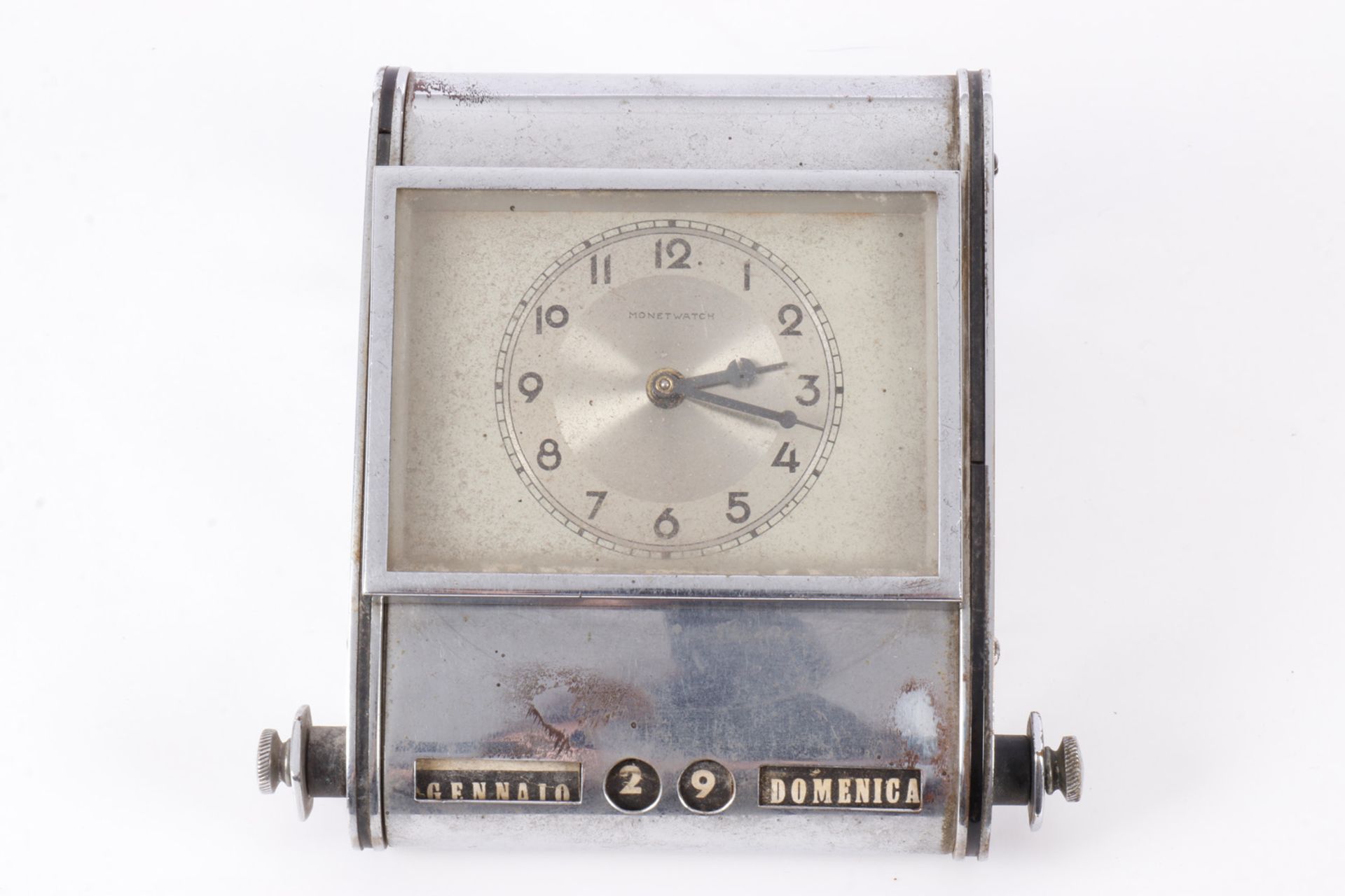 Schreibtischuhr Monet Watch, verchromt, mit Drehkalender, Gebrauchsspuren, Werk muss überholt - Image 3 of 4