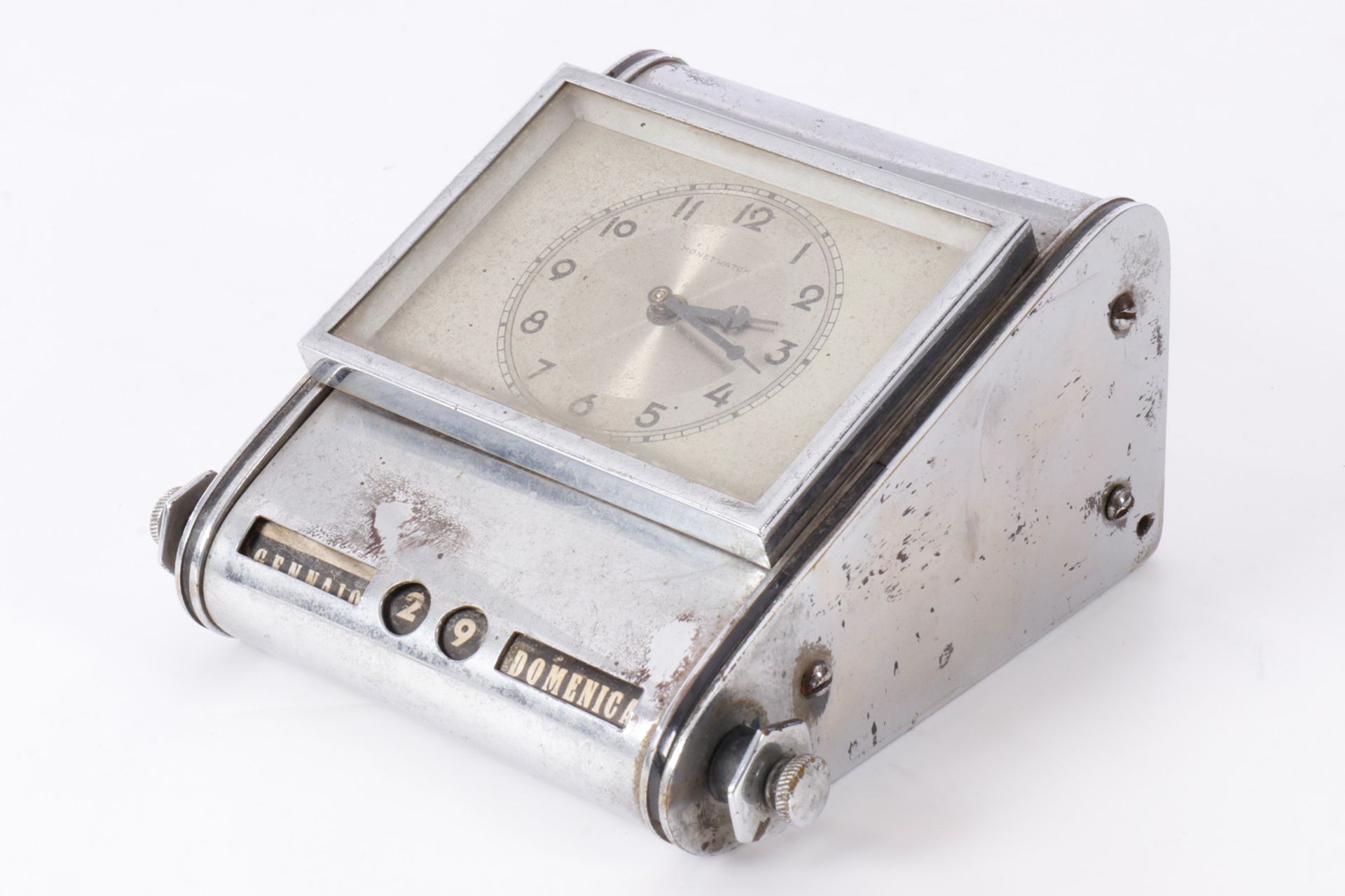 Schreibtischuhr Monet Watch, verchromt, mit Drehkalender, Gebrauchsspuren, Werk muss überholt