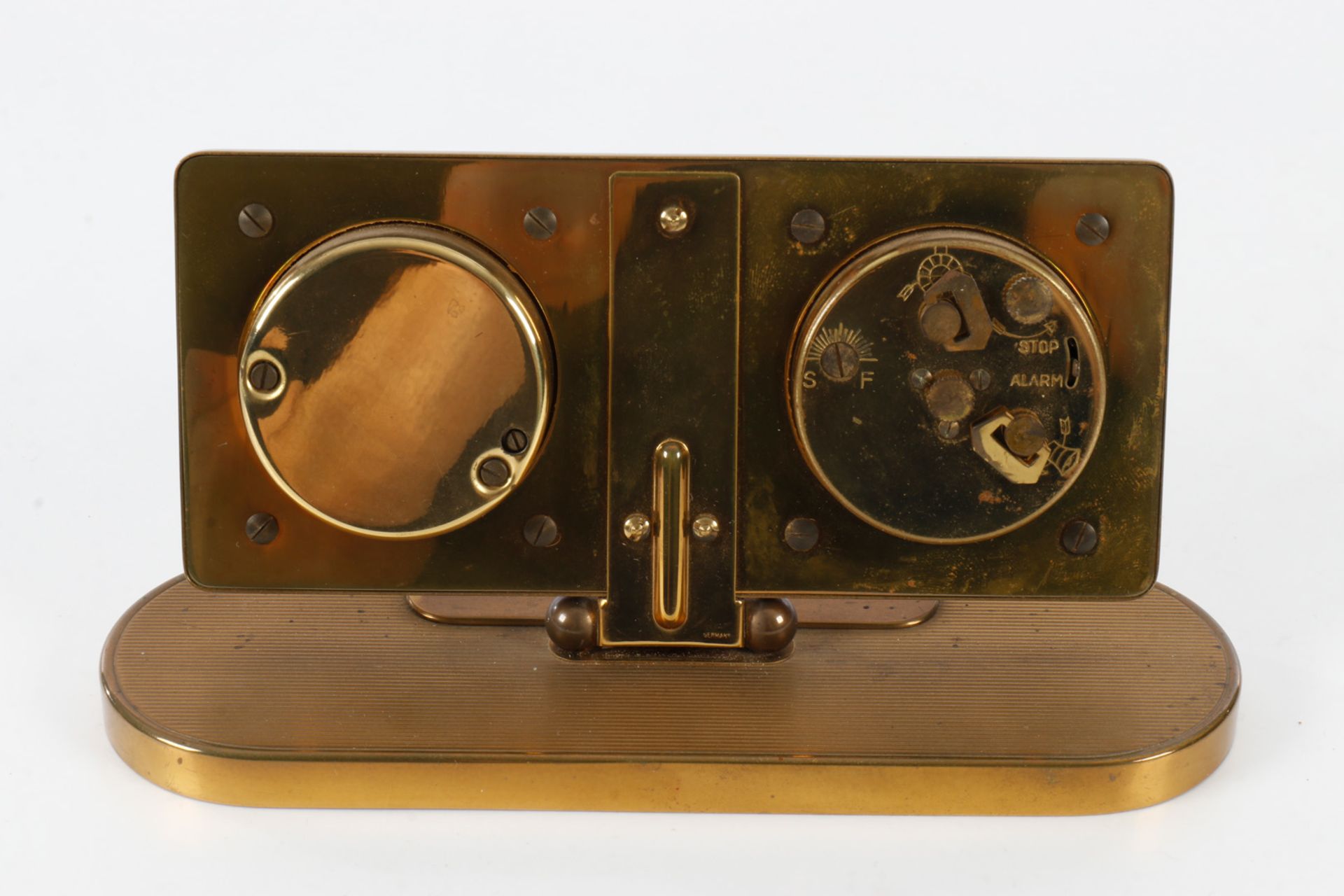 Schreibtischuhr Phigied, 7 Jewels, mit Alarm, Thermometer und Barometer, Messing, 60er Jahre, Leucht - Bild 2 aus 4