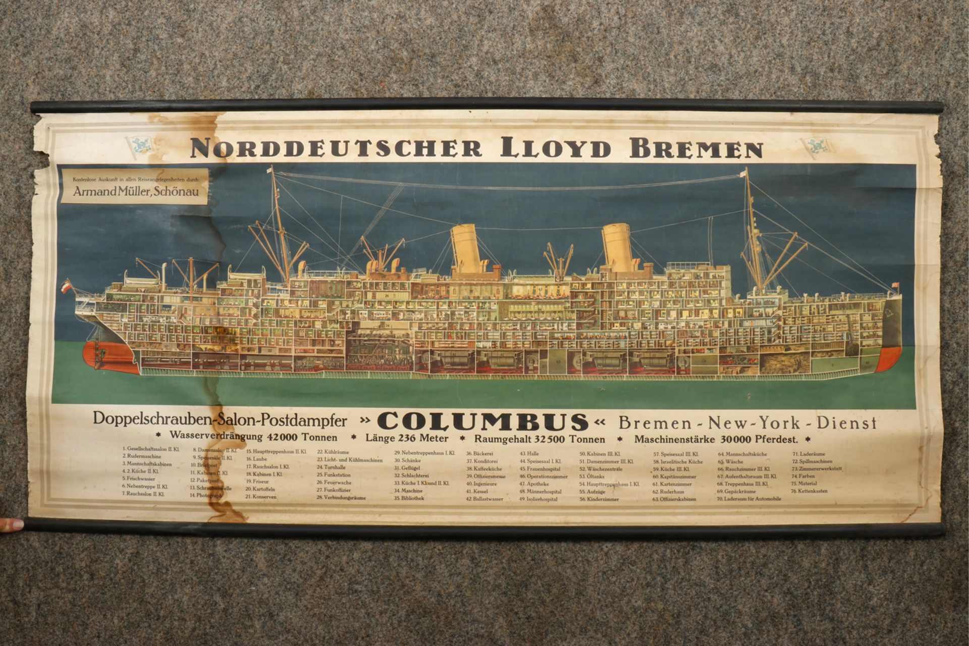 Rollkarte Norddeutscher Lloyd Bremen mitSchnittansicht Columbus, an den Seiten leicht eingerissen, L