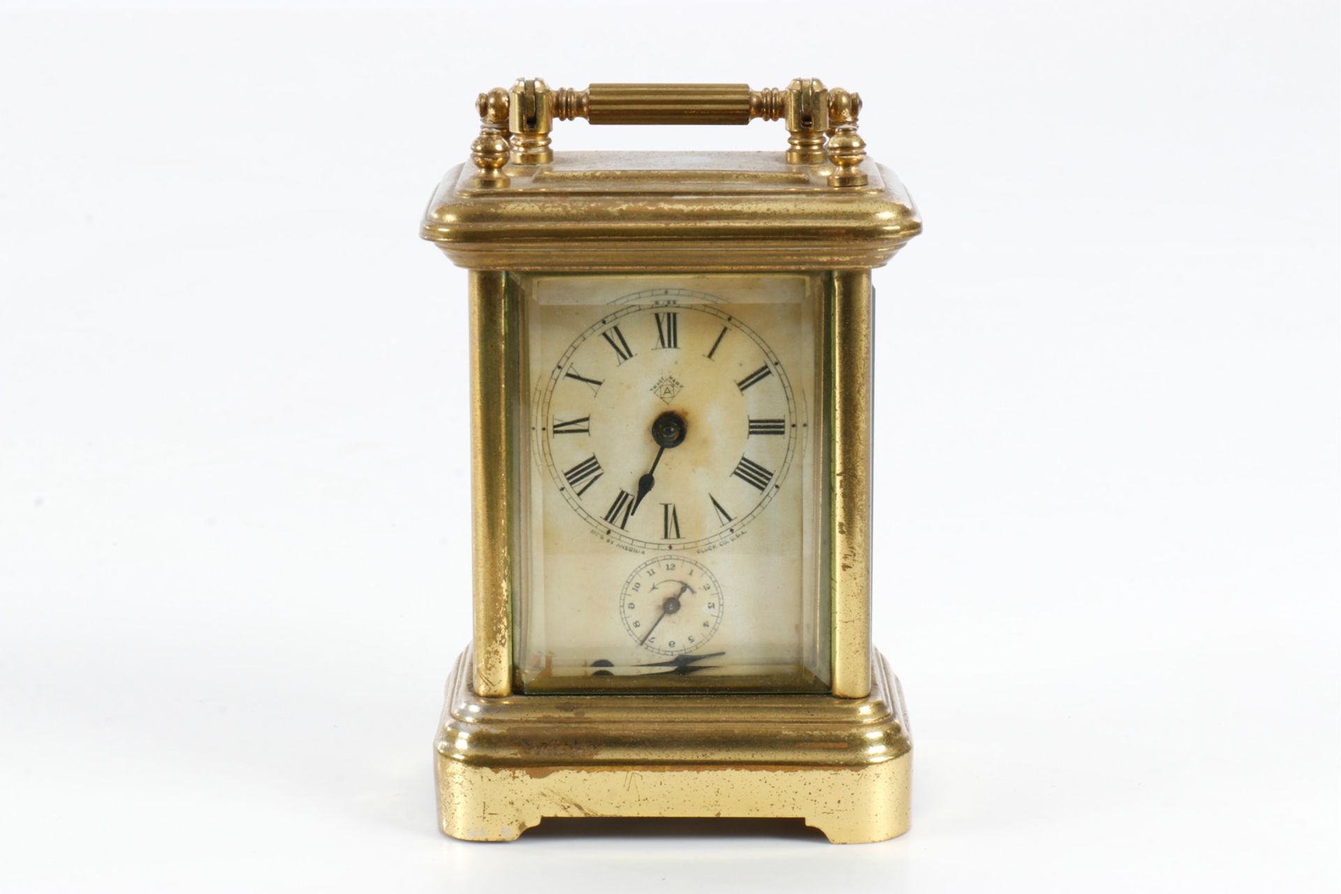 Reisewecker Trademark ”Ansonia Clock”, geschliffene Gläser, Minutenzeiger lose, kleine Sekunde,