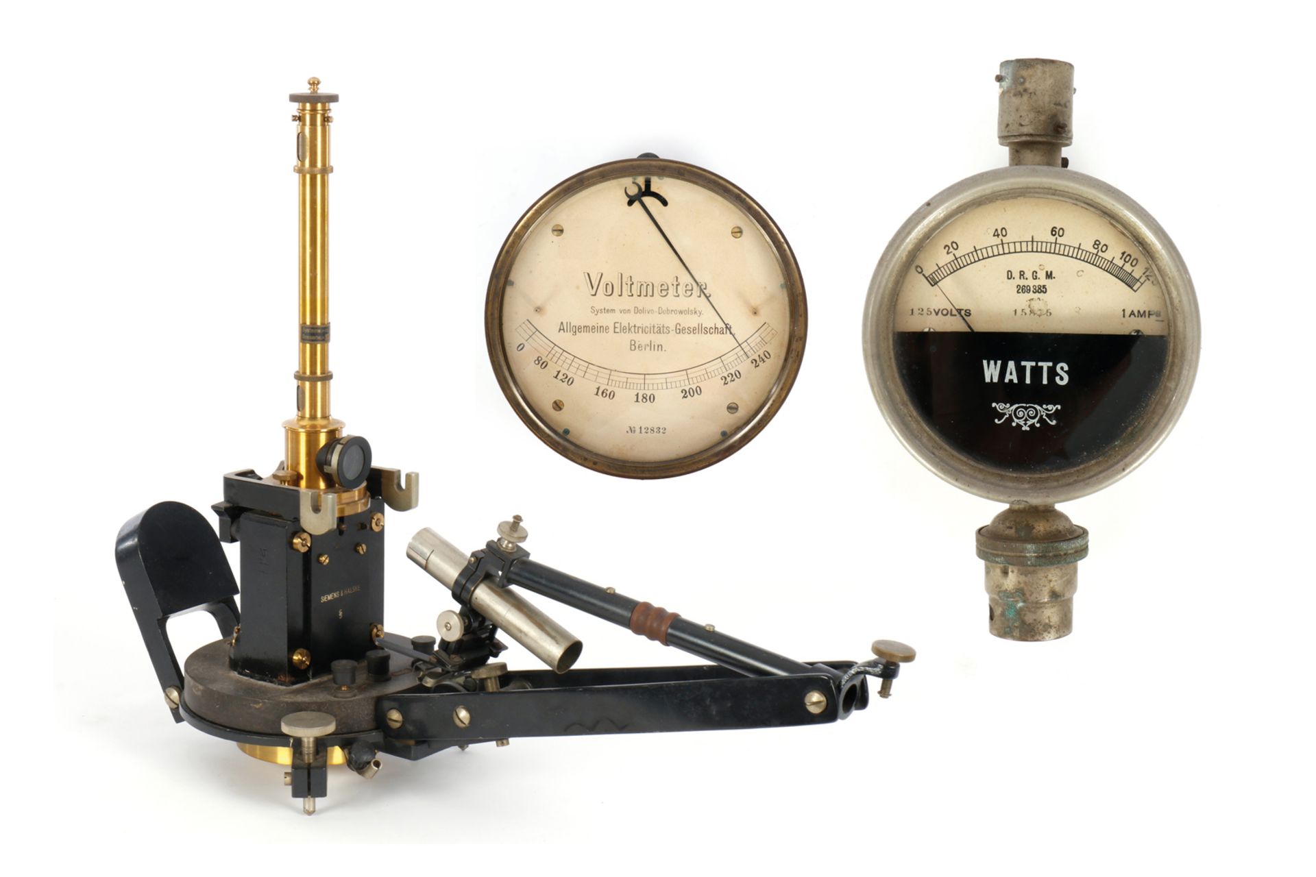 3 Teile: Galvanometer, zwei Messinstrumente -Voltmeter signiert AEG