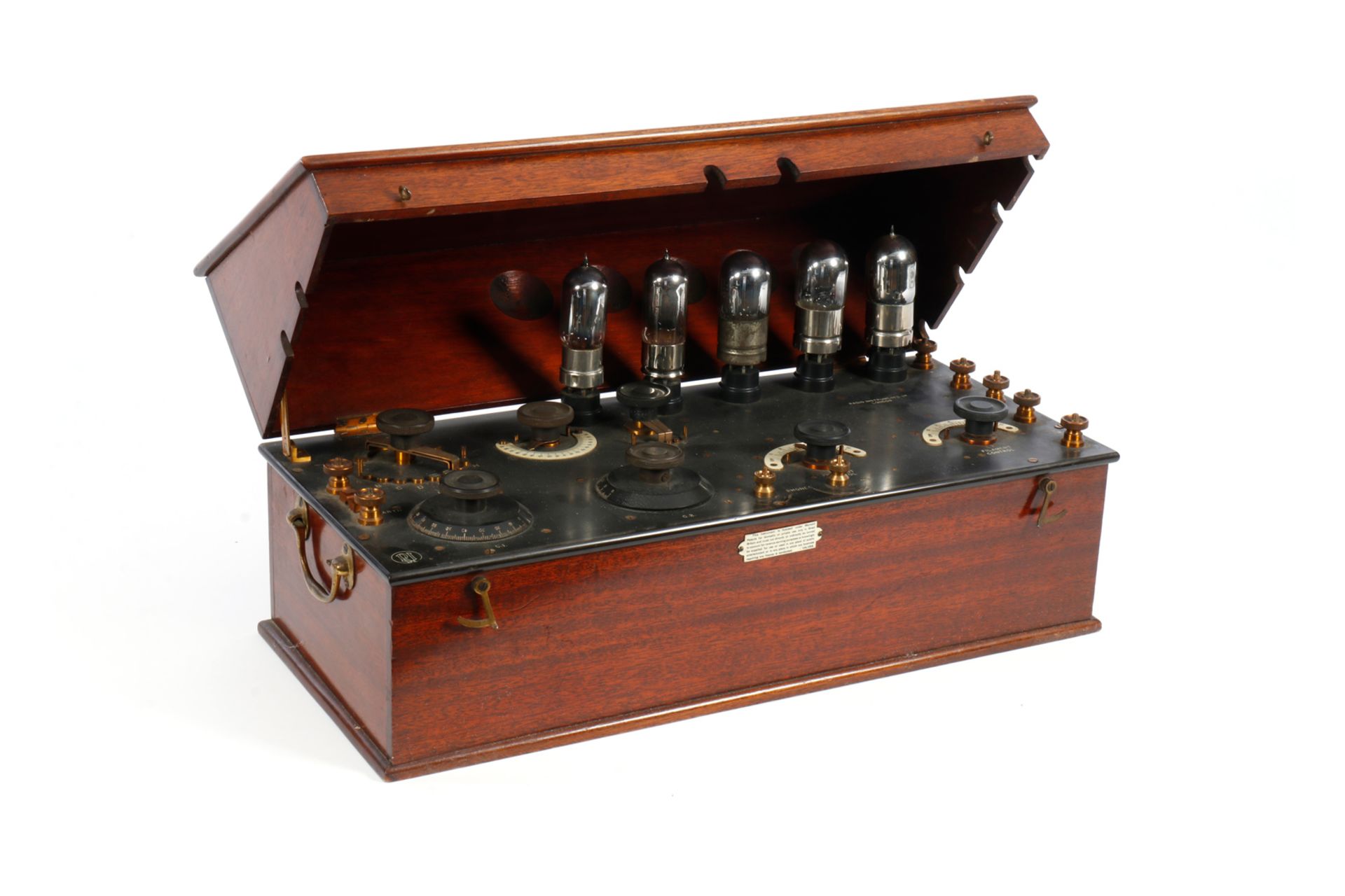 1922 RADIO INSTRUMENT (RI) 5 valves receiving set, varnished Mahogany cabinet with slope lid to