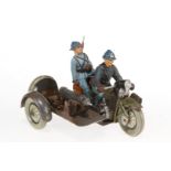 Elastolin franz. Motorradfahrer mit MG-Wagen, Blech/Masse, HL, L 11,5, Z 3