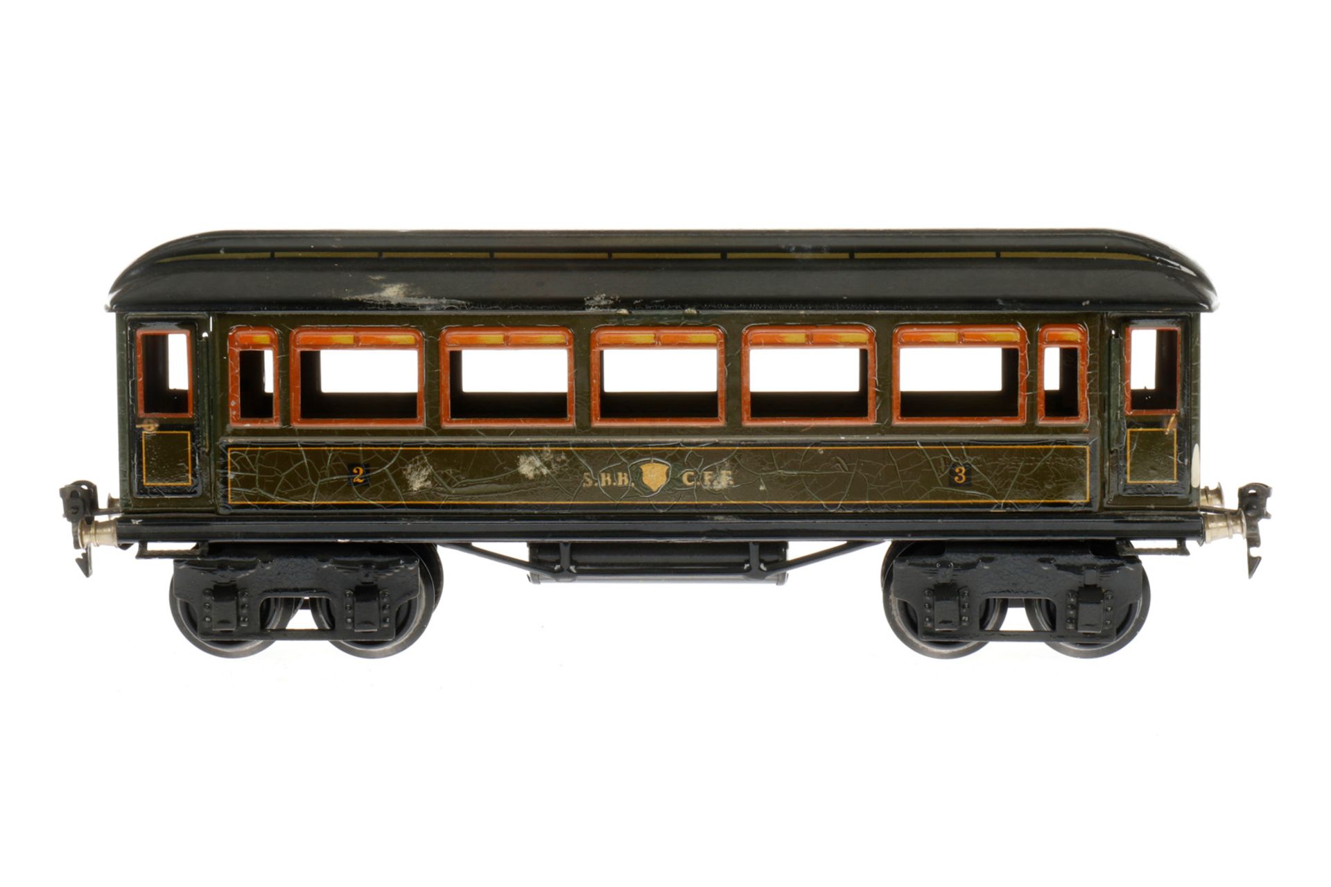 Märklin schweizer Personenwagen 1886, S 1, CL, mit 4 AT, LS und gealterter Lack, L 33,5, Z 3