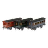 2 Märklin Personen- und 1 Gepäckwagen 1874/1875, S 1, CL, Dächer rest., Kleinteile tw NV, LS, L 24,