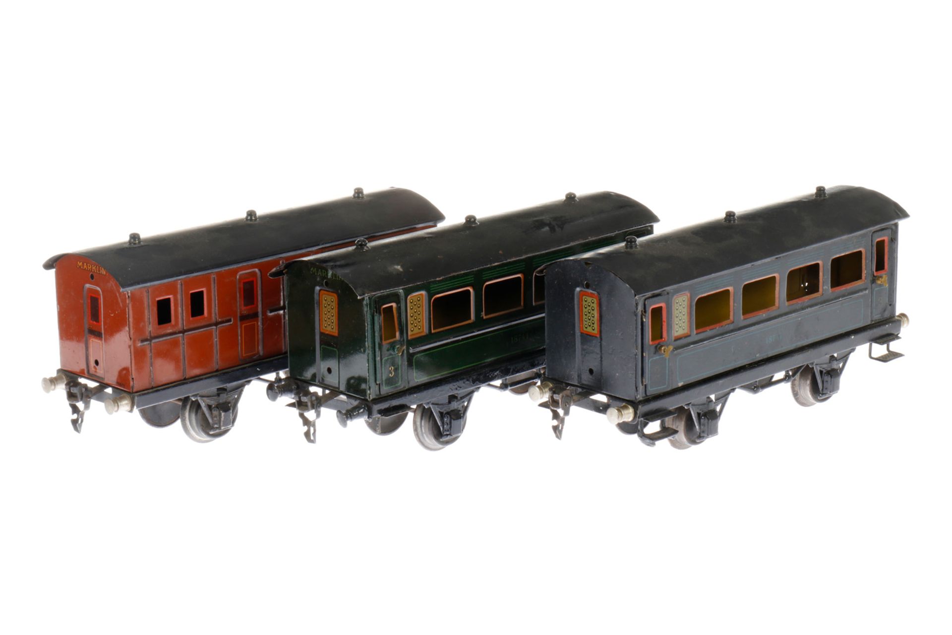 2 Märklin Personen- und 1 Gepäckwagen 1874/1875, S 1, CL, Dächer rest., Kleinteile tw NV, LS, L 24,