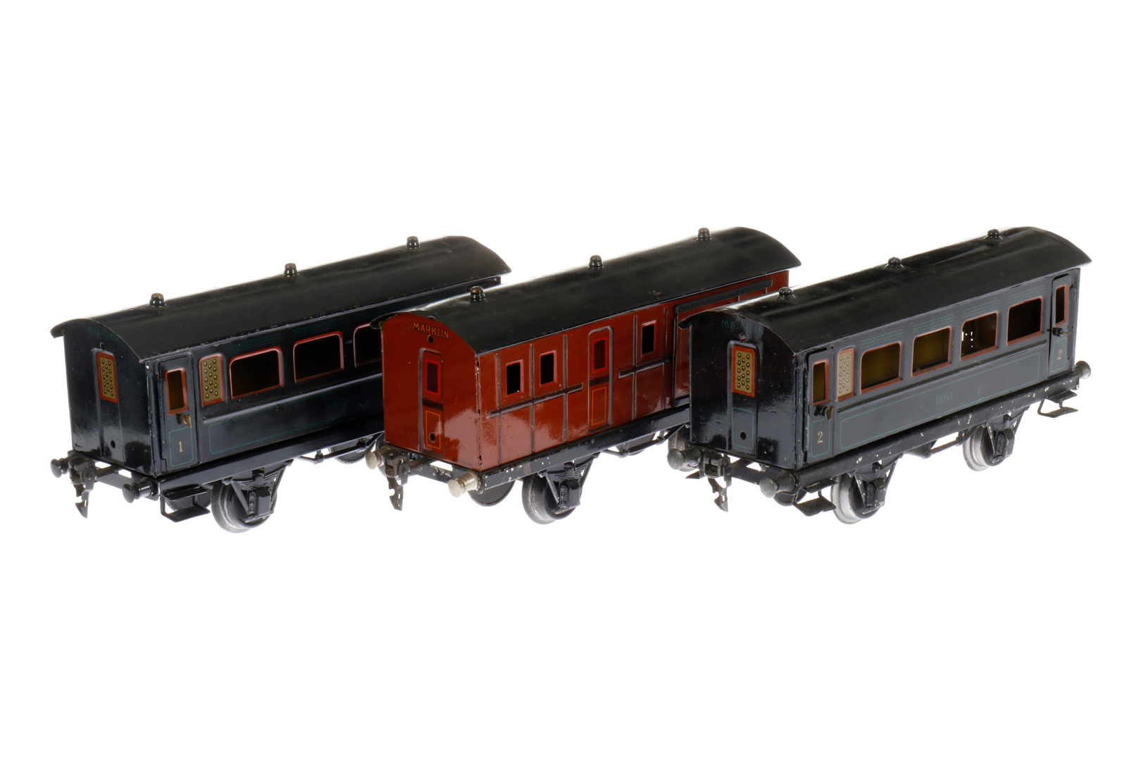 2 Märklin Personen- und 1 Gepäckwagen 1874/1875, S 1, CL, LS und gealterter Lack, L 24, Z 3