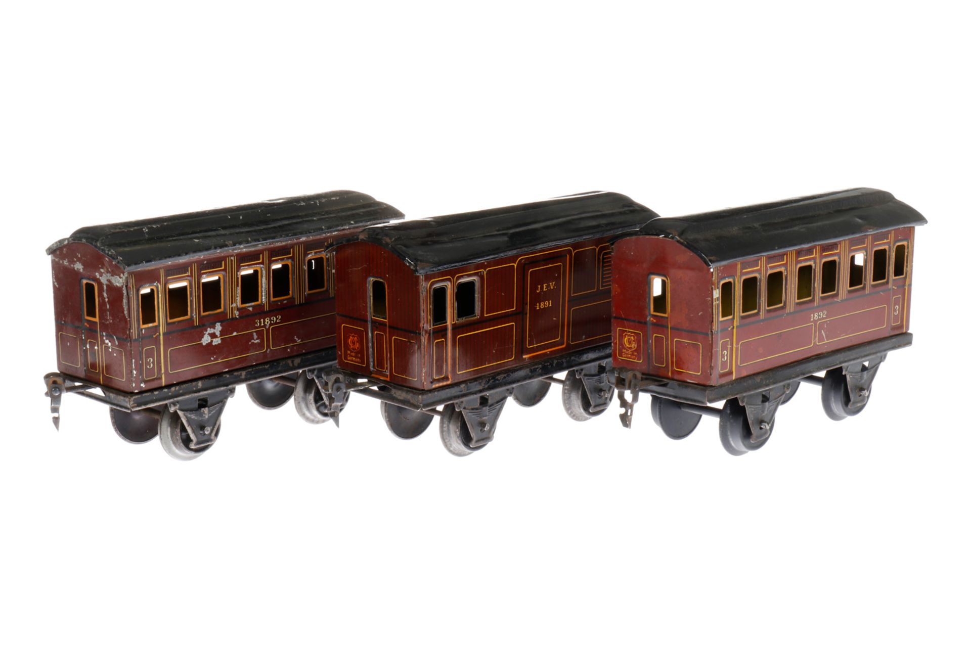 Märklin Gepäck- und 2 Personenwagen 1891/1892, S 1, CL, 2 Dächer rest., LS, L 17, Z 3