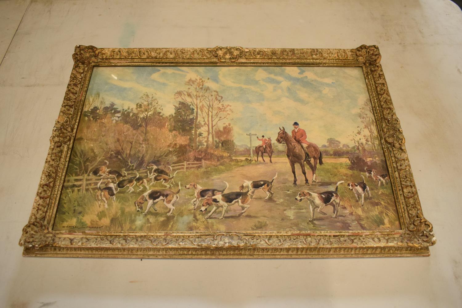 Charles Simpson hunting themed print 'Check at the Crossroads' in ornate frame