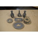 A collection of Wedgwood Blue Jasperware to includes vases, trinkets etc (7)