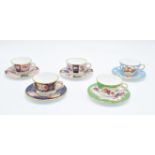 Royal Worcester Miniature Cups and Saucers: Blue Panelled Floral, Wheatsheaf, Marchiones of Huntley,