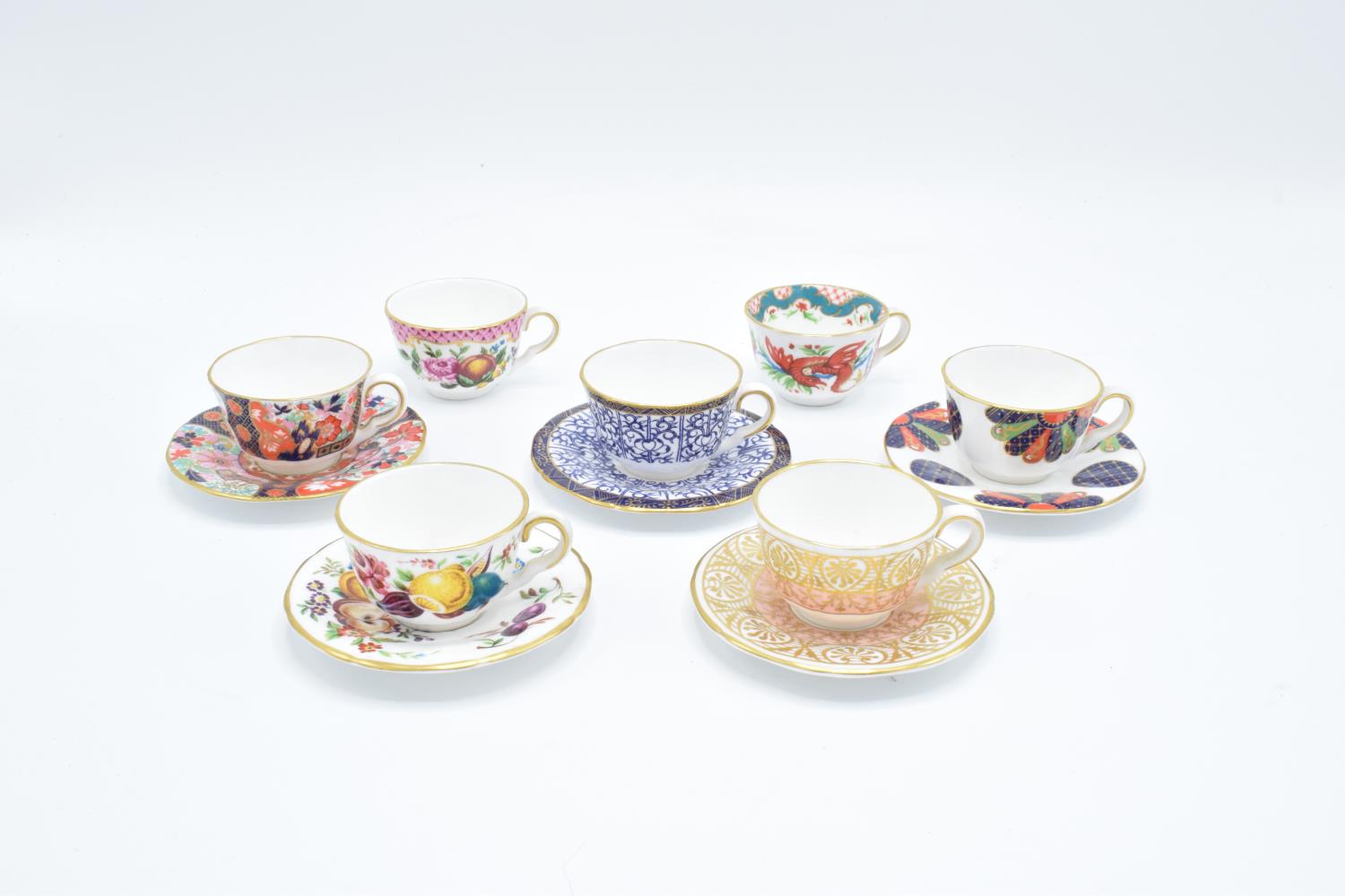 Royal Worcester Miniature Cups and Saucers: Cut Fruit white, George III, Boldimars, the fan, Royal L