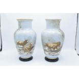 19th century French painted glass pair of baluster vases depicting sheep in a wintery woodland scene