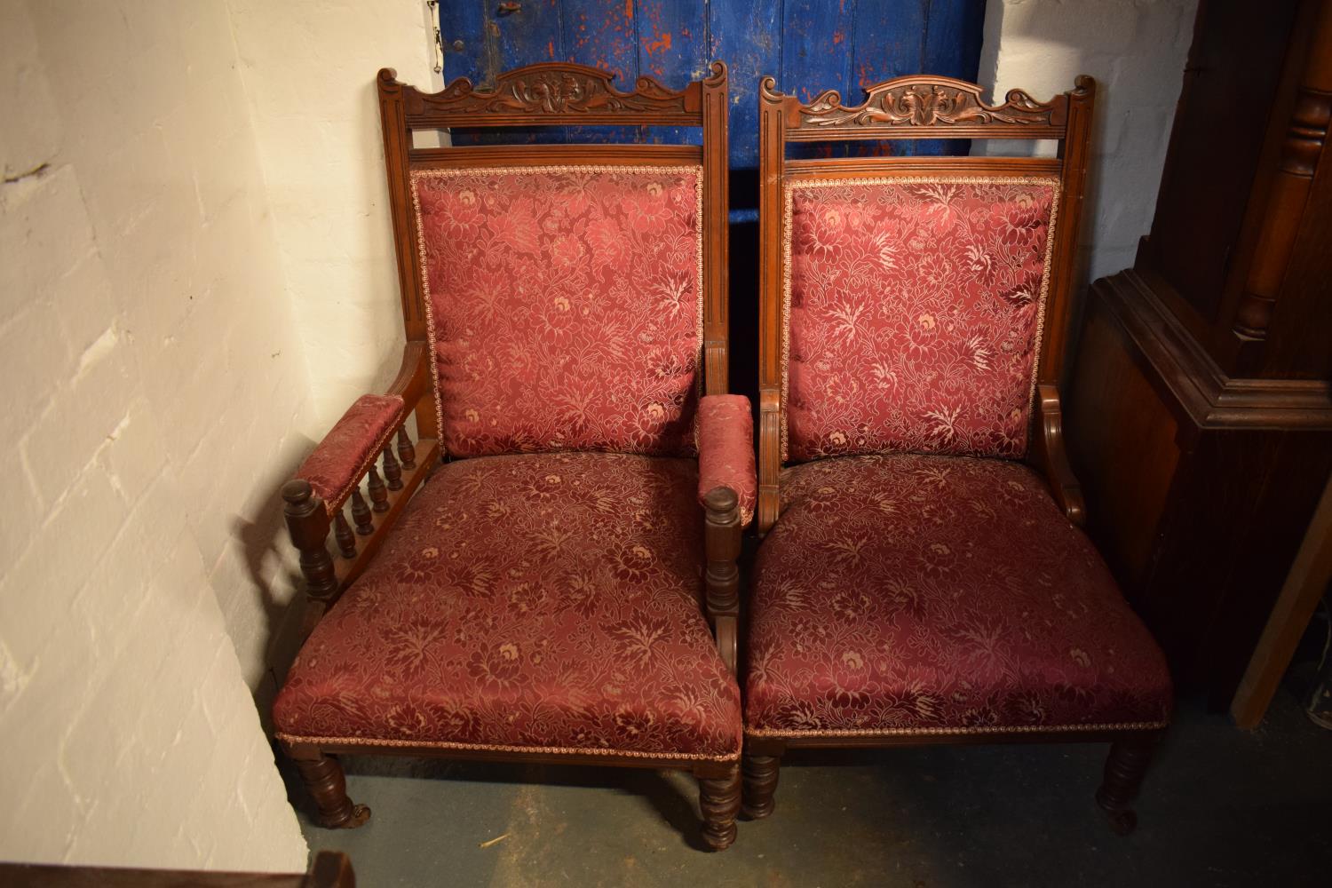 Edwardian creed and upholstered mahogany His and Hers chairs. The springs in the seats are fairly