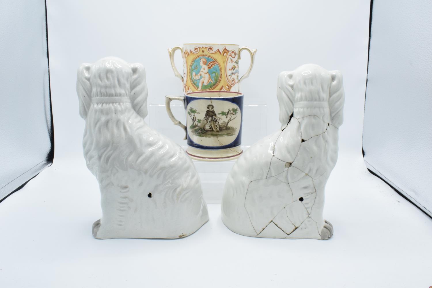 19th century Staffordshire pottery to include a pair of dogs, a shepherd mug and a 2 handled - Image 3 of 3