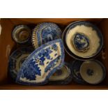 A good collection of blue and white pottery including Spode, Wedgwood etc (mostly damaged) Mostly
