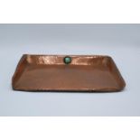 Arts and Crafts copper beaten tray set with cabochon stone 23 x 32cm