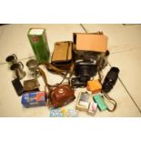 A mixed collection of items to include camera equipment, tankards, novelty cigarette dispenser etc