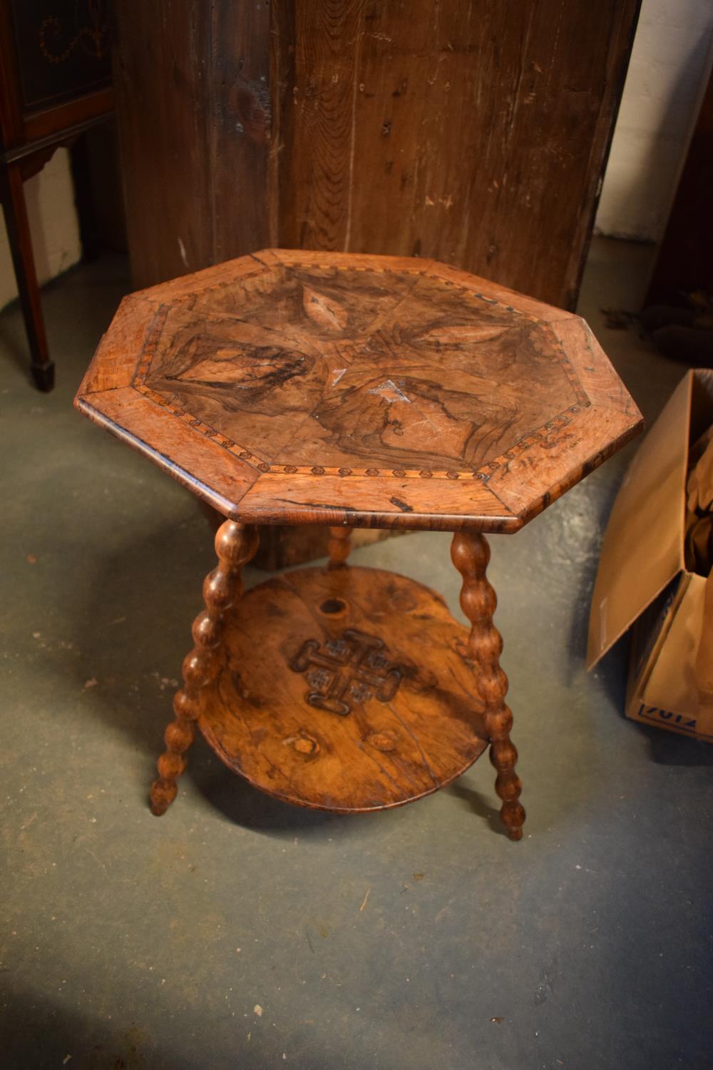 Olivewood Jerusalem tripod table, early 20th century. In bad condition in need of attention. Top
