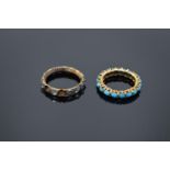 Two full eternity style gem set rings set in yellow coloured metal: Both rings UK size K, gross