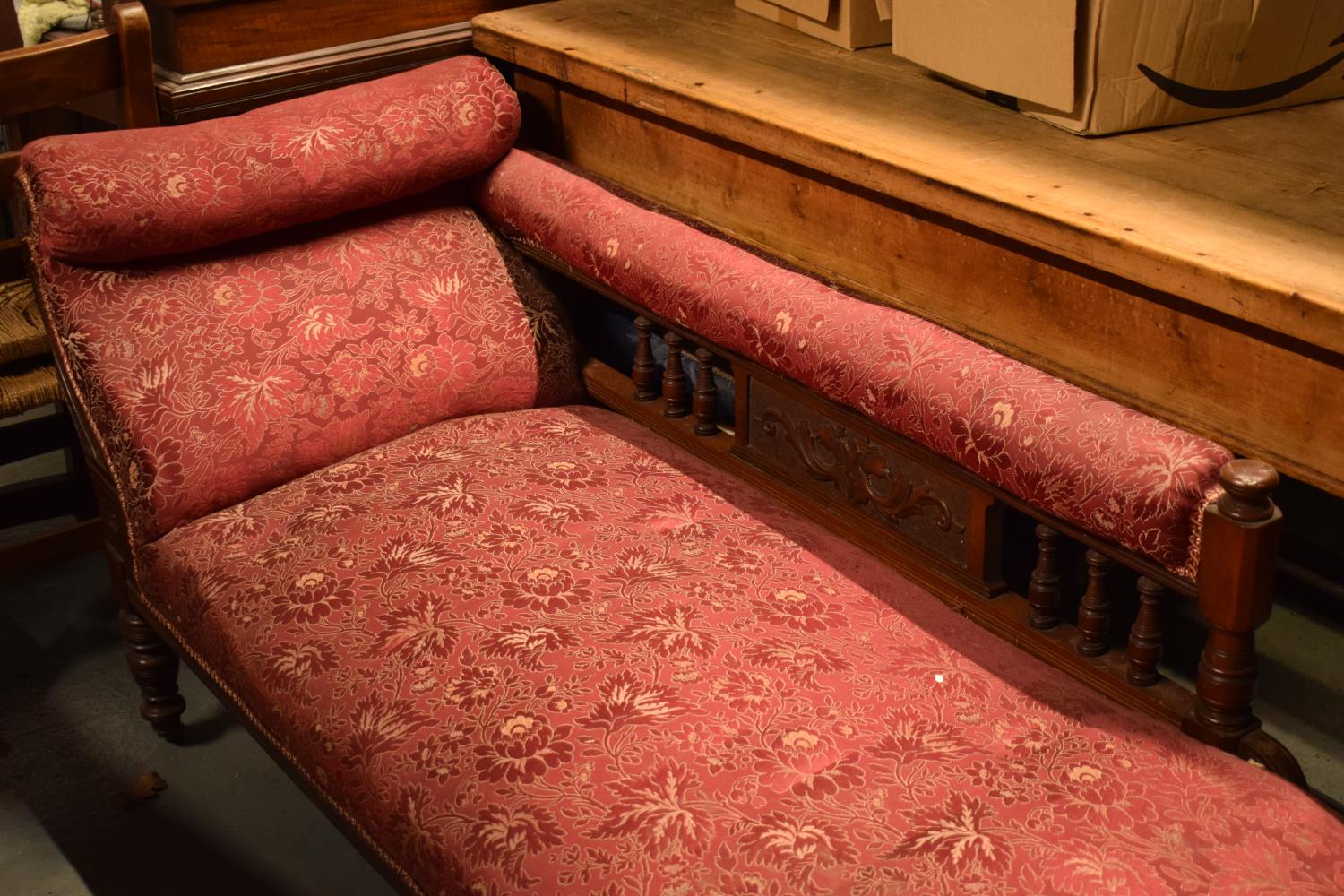 Edwardian upholstered mahogany chaise-longue. The springs have gone spongey. Damage to the carving - Image 2 of 5