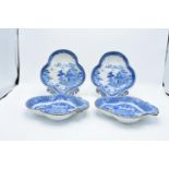 A collection of trefoil shaped blue and white dishes with 2 in the Grecian key design and 2 in a