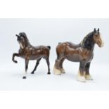 Beswick brown shire horse 818 and brown leg tucked horse 1549. All in good condition without any