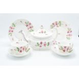 English 19th century part tea set with a pink floral scene to include: 5 duos, 2 shallow dishes, 1