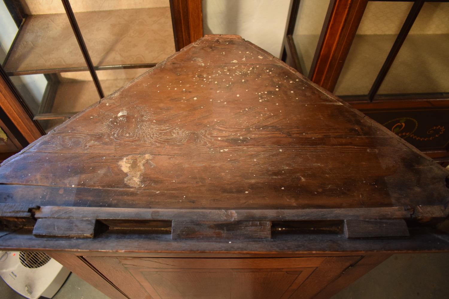 Late Georgian oak inlaid corner cabinet with a bone escutcheon. Some wear and old worm is - Image 6 of 7